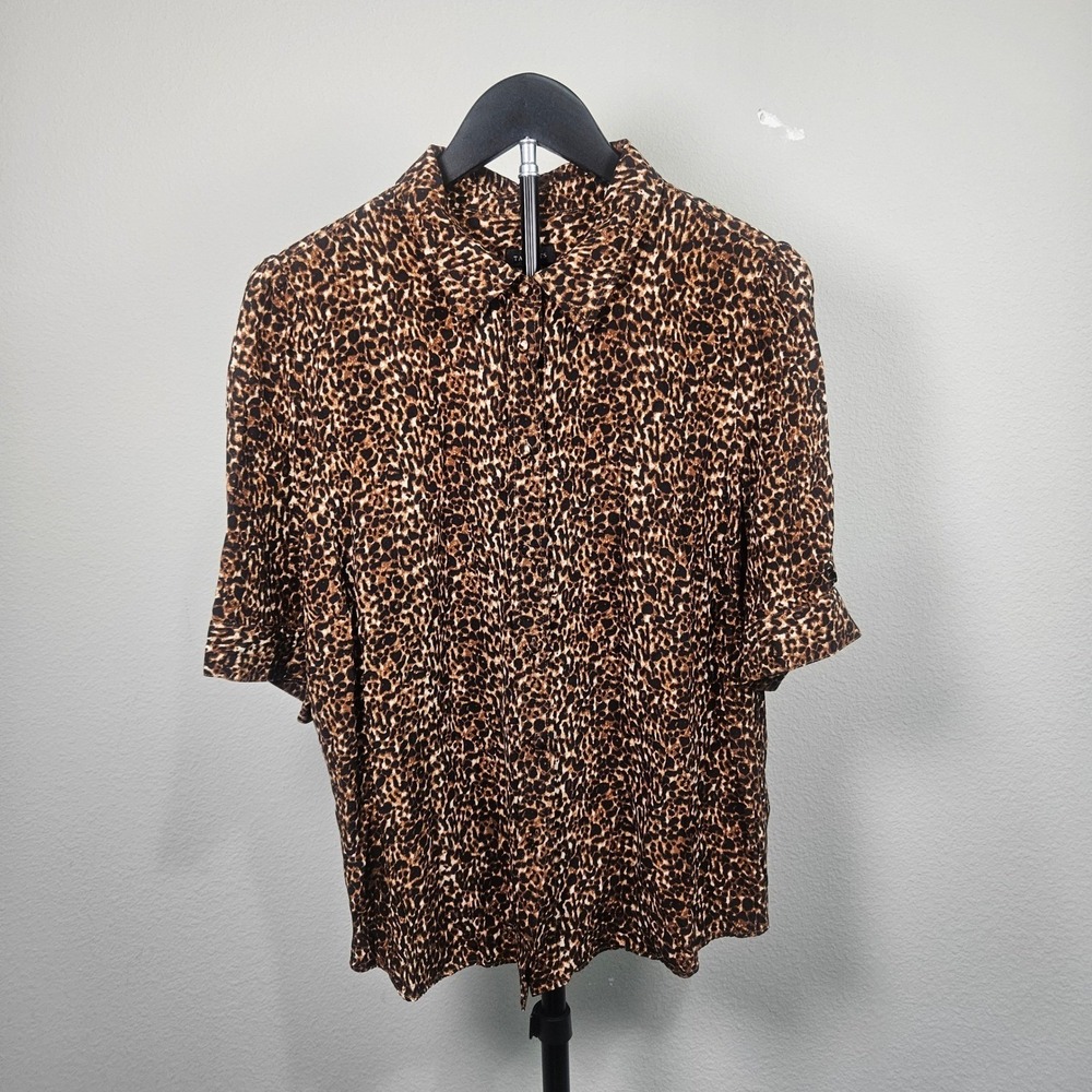 Talbots Leopard Print Button Down Women Large Brown Viscose Short Sleeve Classic
